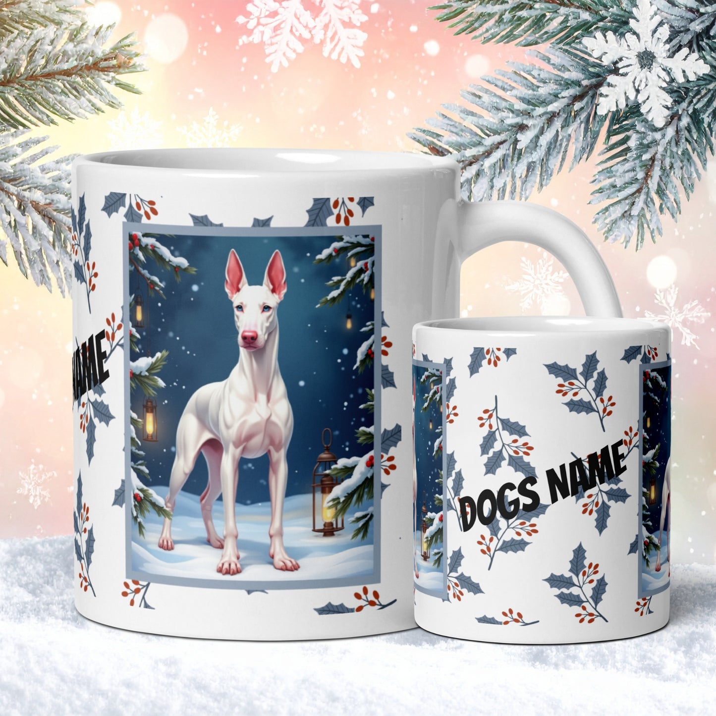 Doberman (White) Winter Mug - white Doberman artwork standing in a snowy winter setting with soft seasonal details