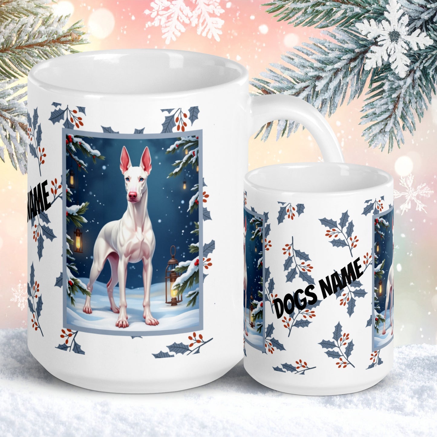 Doberman (White) Winter Mug - white Doberman artwork standing in a snowy winter setting with soft seasonal details