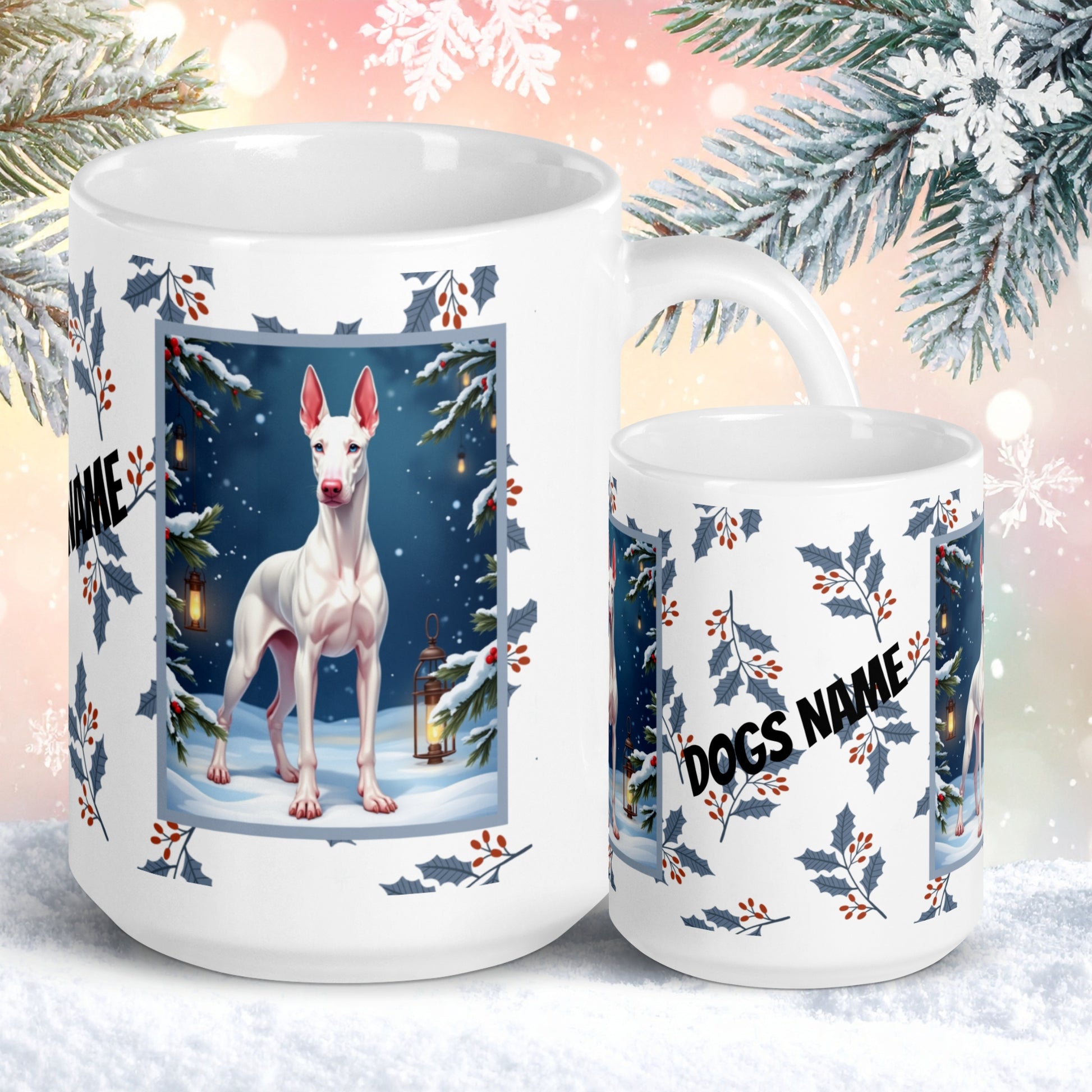 Doberman (White) Winter Mug - white Doberman artwork standing in a snowy winter setting with soft seasonal details