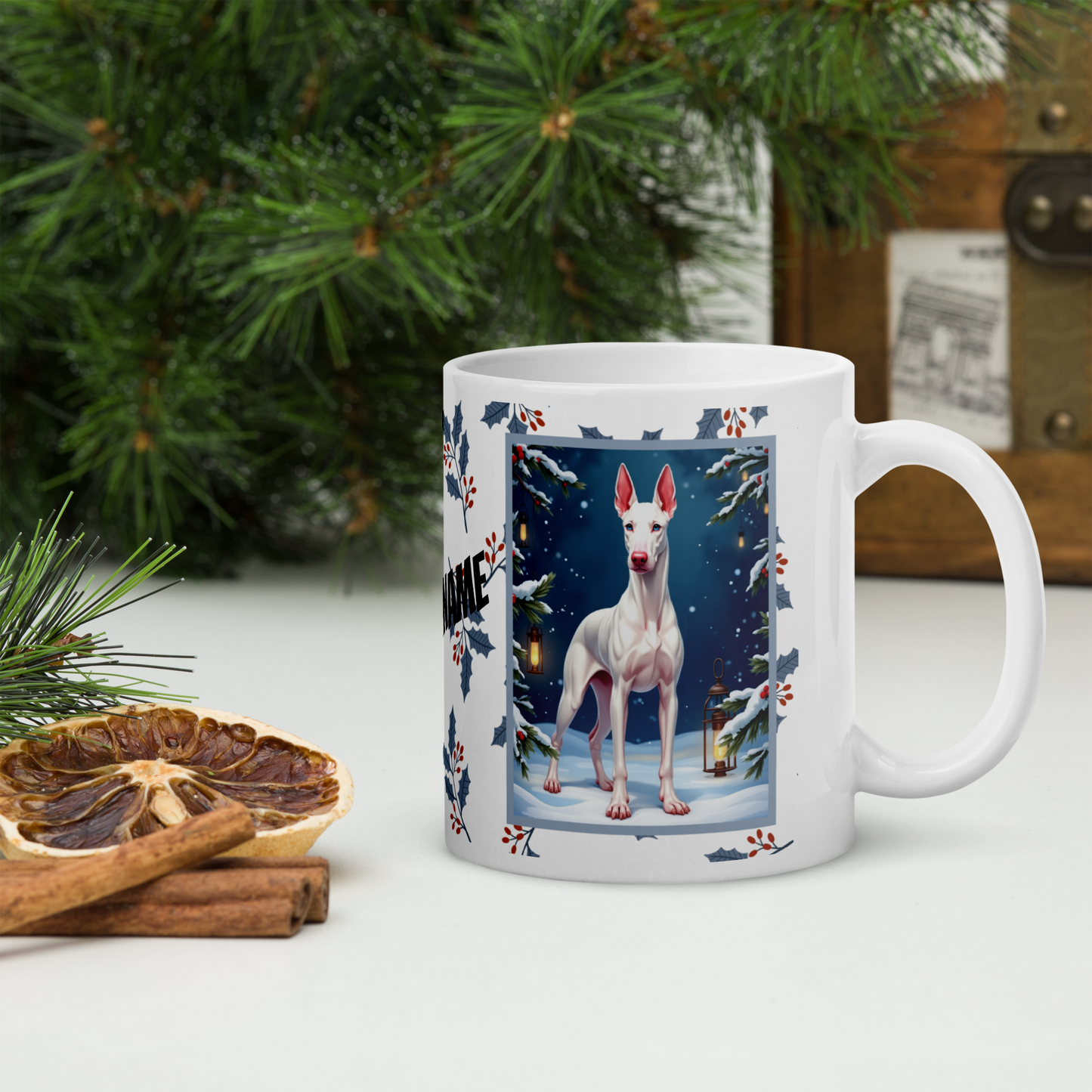 Doberman (White) Winter Mug - white Doberman artwork standing in a snowy winter setting with soft seasonal details