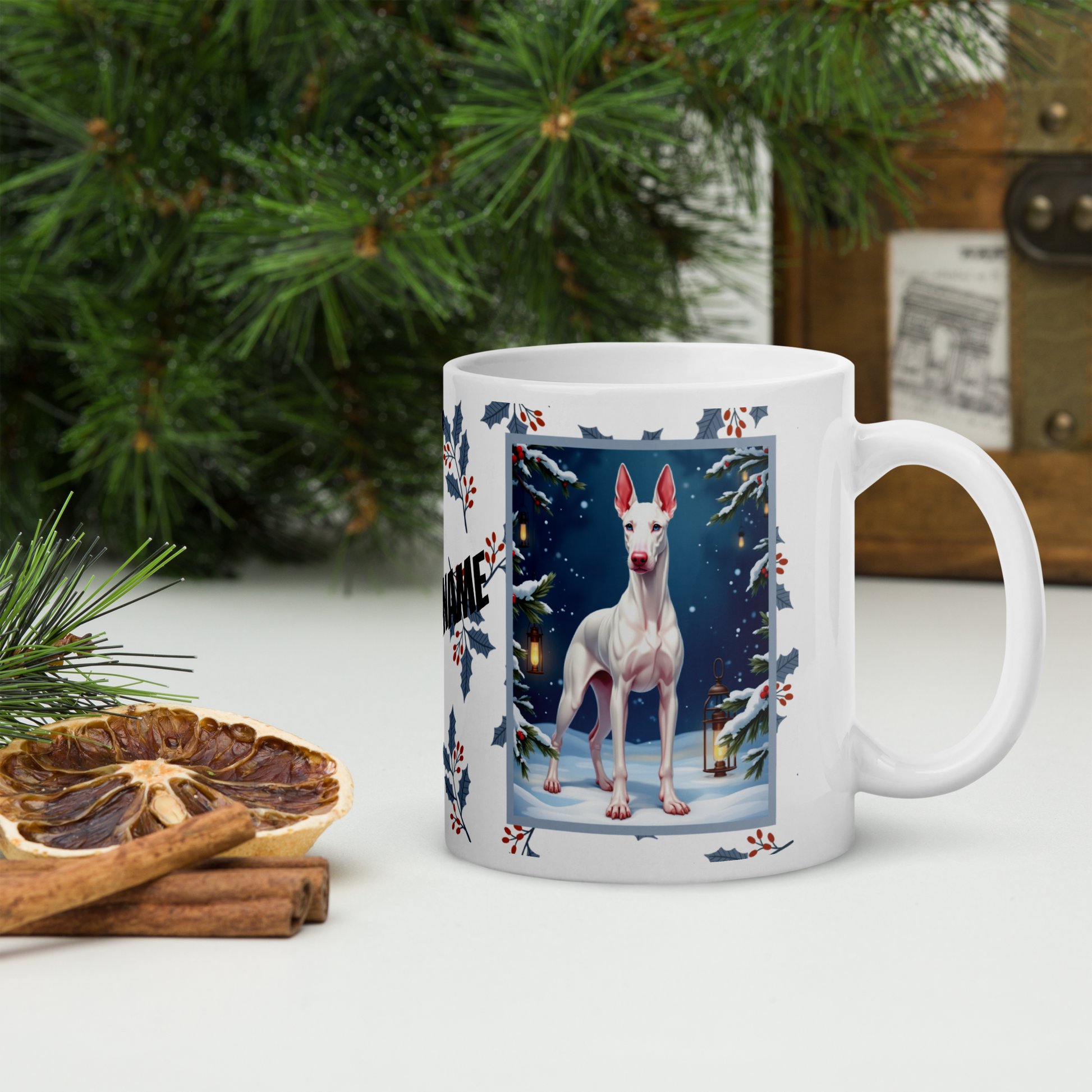 Doberman (White) Winter Mug - white Doberman artwork standing in a snowy winter setting with soft seasonal details