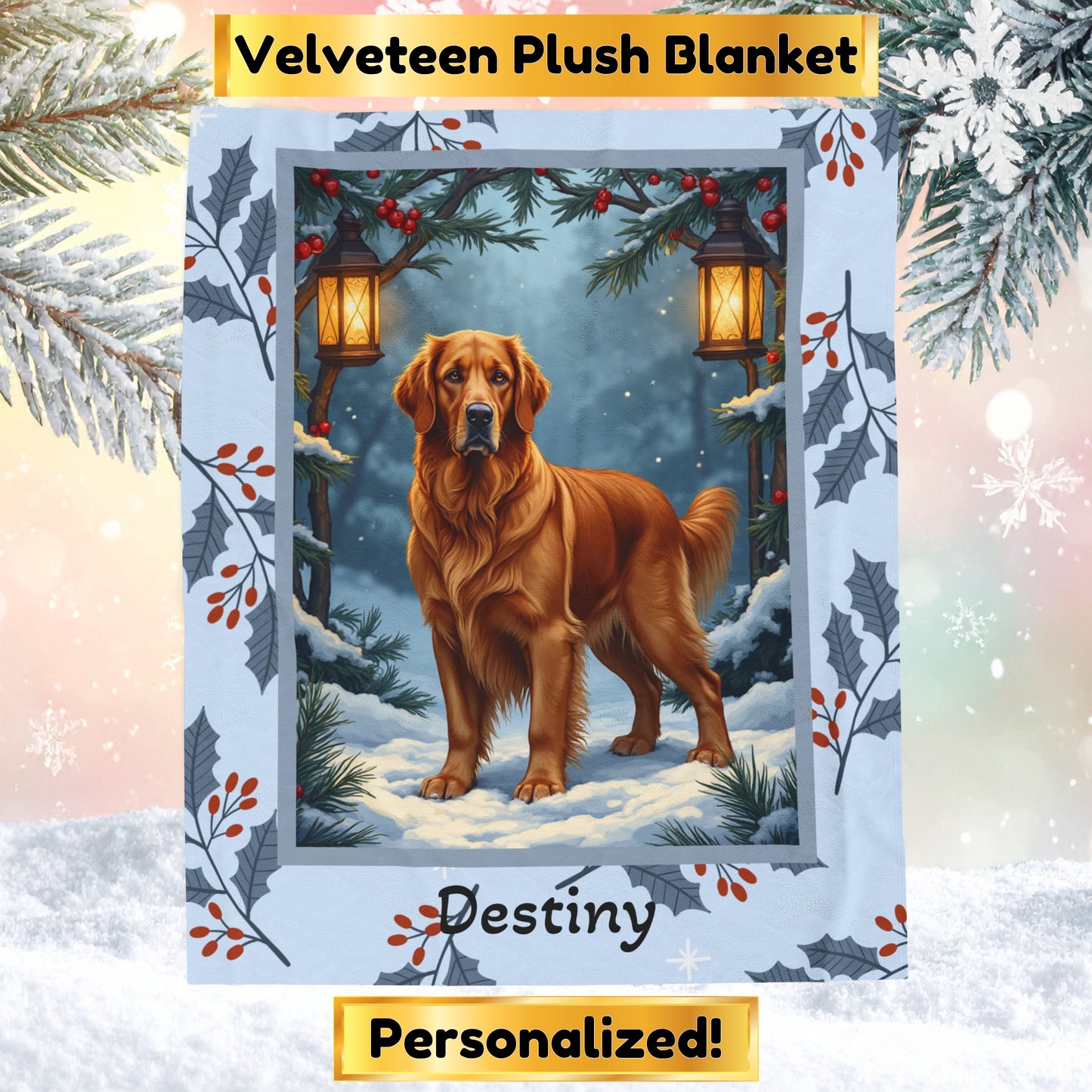 Golden Retriever Dark Golden custom winter blanket showing a loyal retriever in a bright illustrated lodge scene