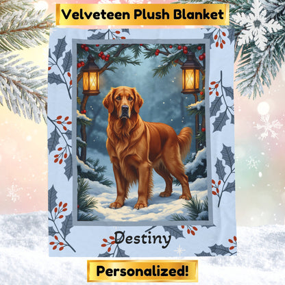 Golden Retriever Dark Golden custom winter blanket showing a loyal retriever in a bright illustrated lodge scene