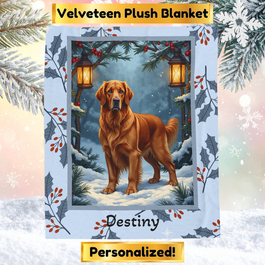 Golden Retriever Dark Golden custom winter blanket showing a loyal retriever in a bright illustrated lodge scene