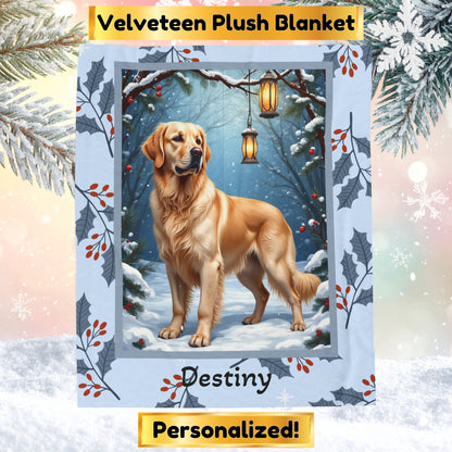 Golden Retriever Cream personalized winter throw featuring a smiling Golden Retriever in cozy snowy lodge décor