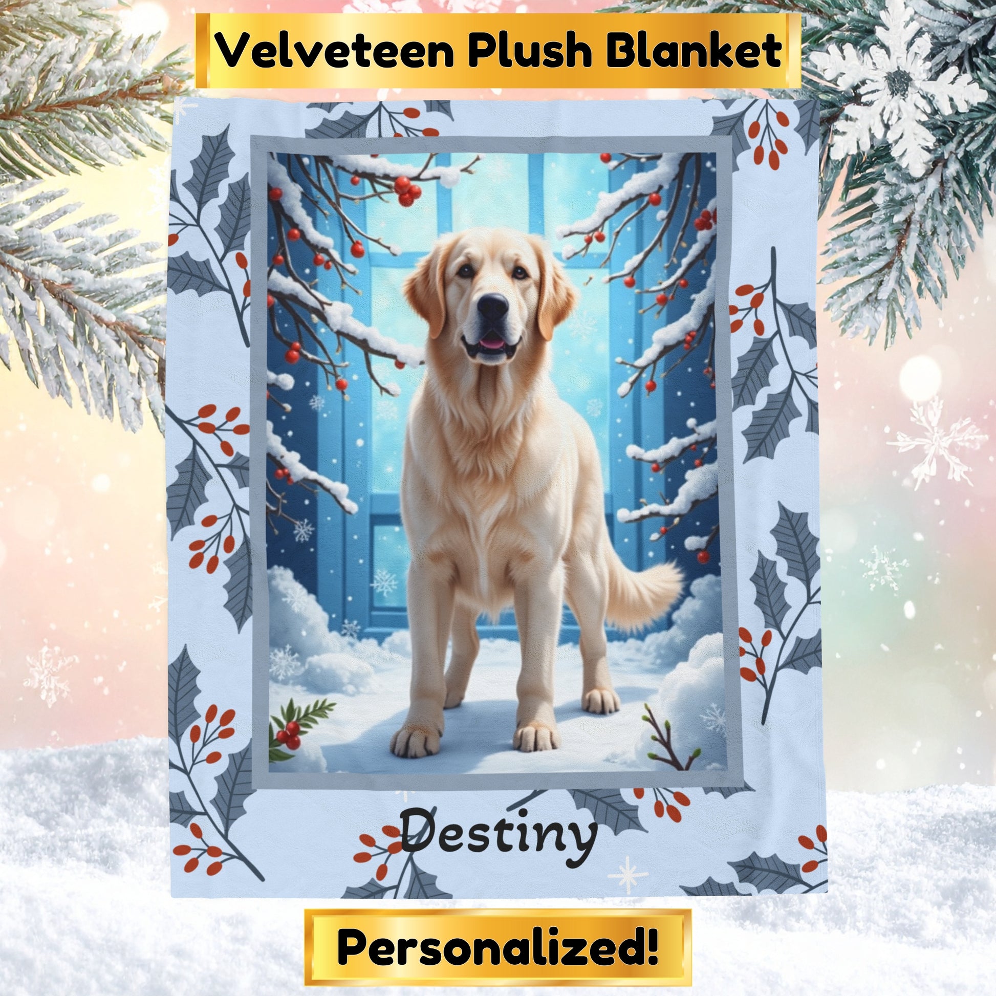 Golden Retriever White personalized winter throw featuring a white Golden Retriever in a cheerful lodge setting