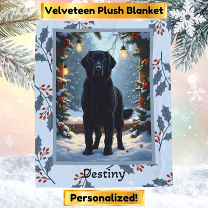 Golden Retriever Black custom winter blanket with friendly Golden Retriever artwork in a glowing lodge scene