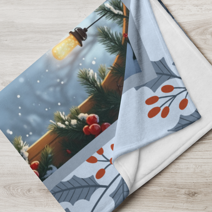 Golden Retriever Black custom winter blanket with friendly Golden Retriever artwork in a glowing lodge scene