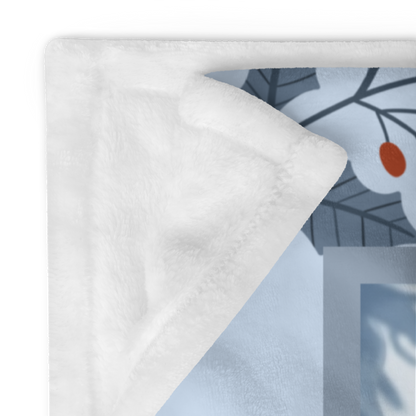 Great Dane White custom winter blanket showing a gentle Great Dane in a crisp illustrated snowy lodge setting