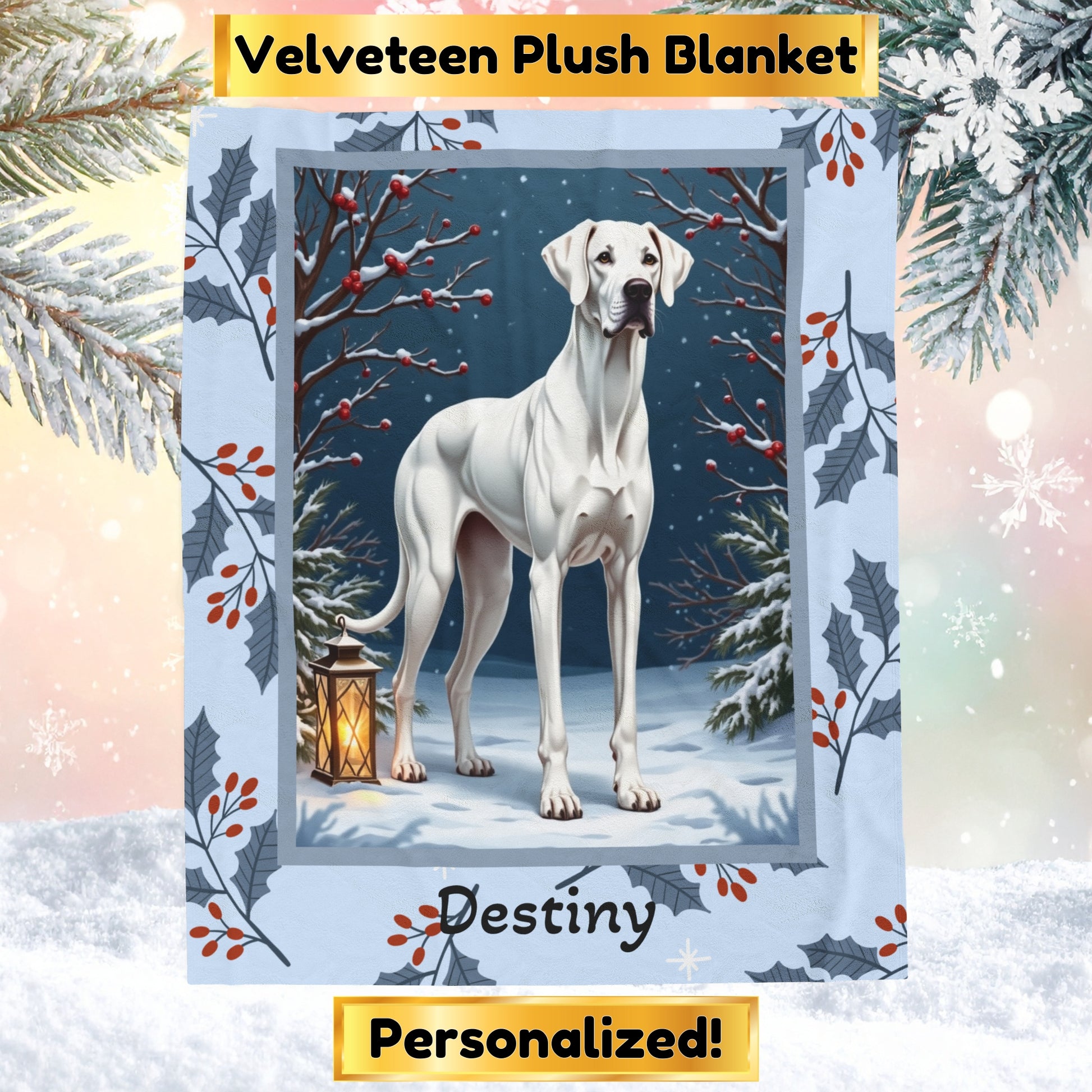 Great Dane White custom winter blanket showing a gentle Great Dane in a crisp illustrated snowy lodge setting