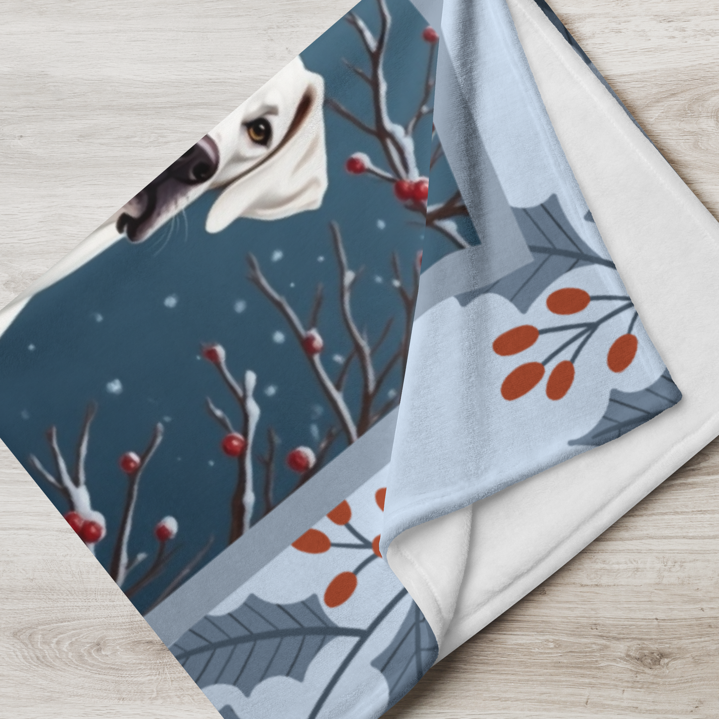 Great Dane White custom winter blanket showing a gentle Great Dane in a crisp illustrated snowy lodge setting