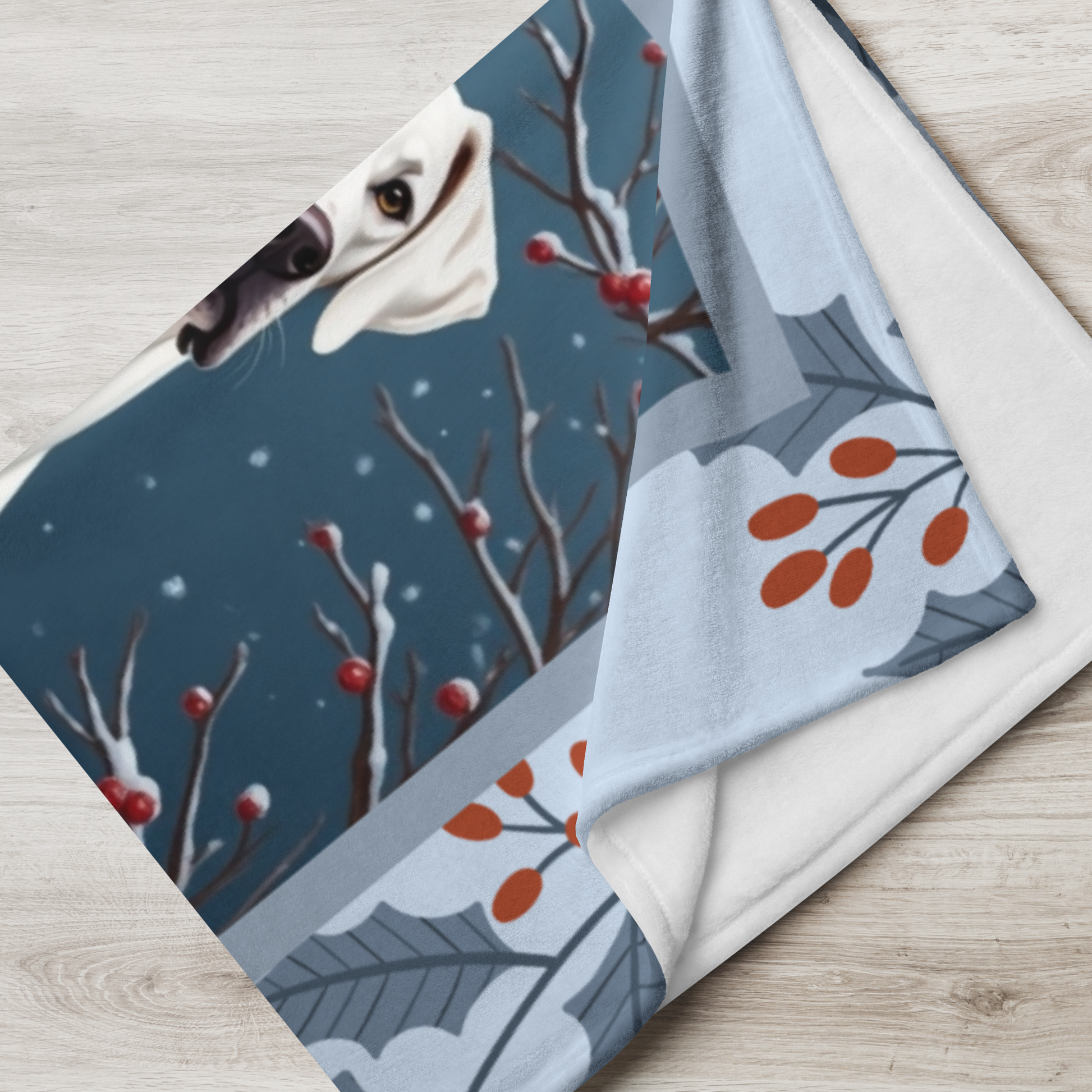 Great Dane White custom winter blanket showing a gentle Great Dane in a crisp illustrated snowy lodge setting