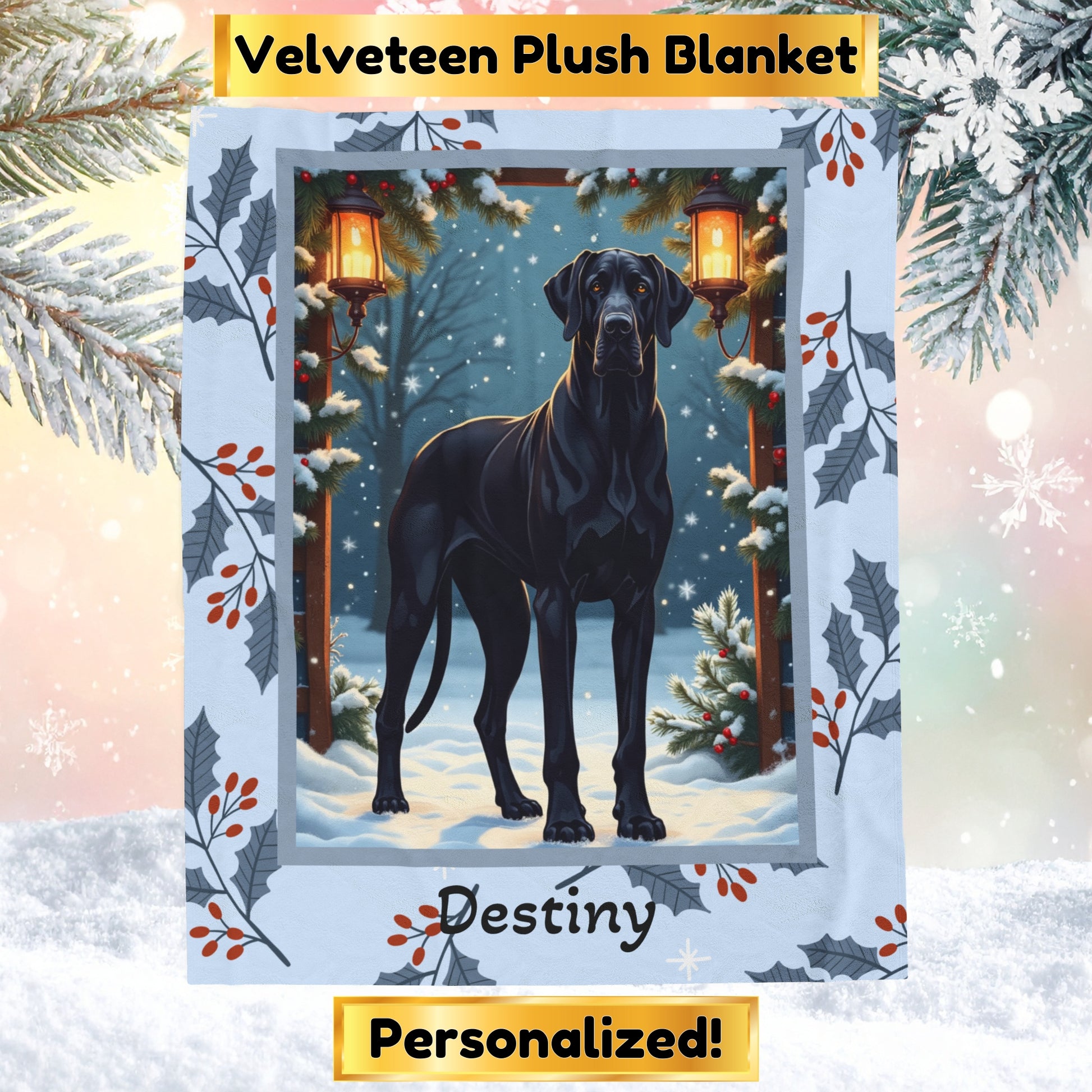 Great Dane Black custom winter blanket featuring a majestic Great Dane in a cozy lodge-style snowy illustration