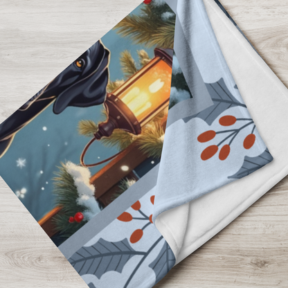 Great Dane Black custom winter blanket featuring a majestic Great Dane in a cozy lodge-style snowy illustration