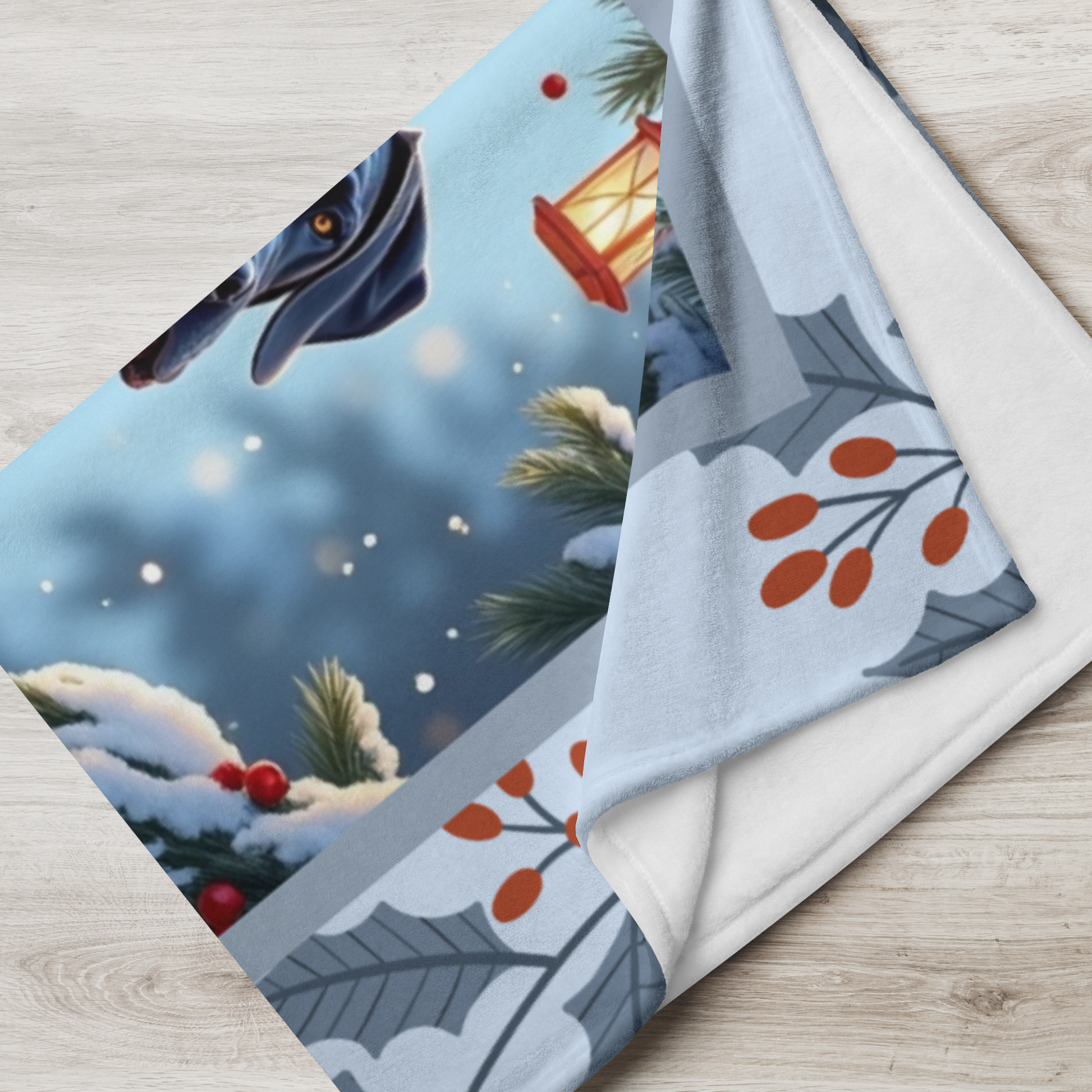 Great Dane Blue personalized winter throw with elegant Great Dane artwork in a bright winter lodge scene