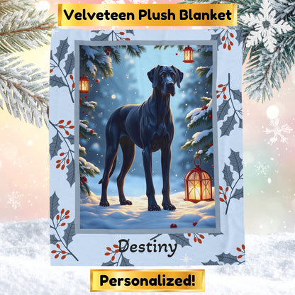 Great Dane Blue personalized winter throw with elegant Great Dane artwork in a bright winter lodge scene