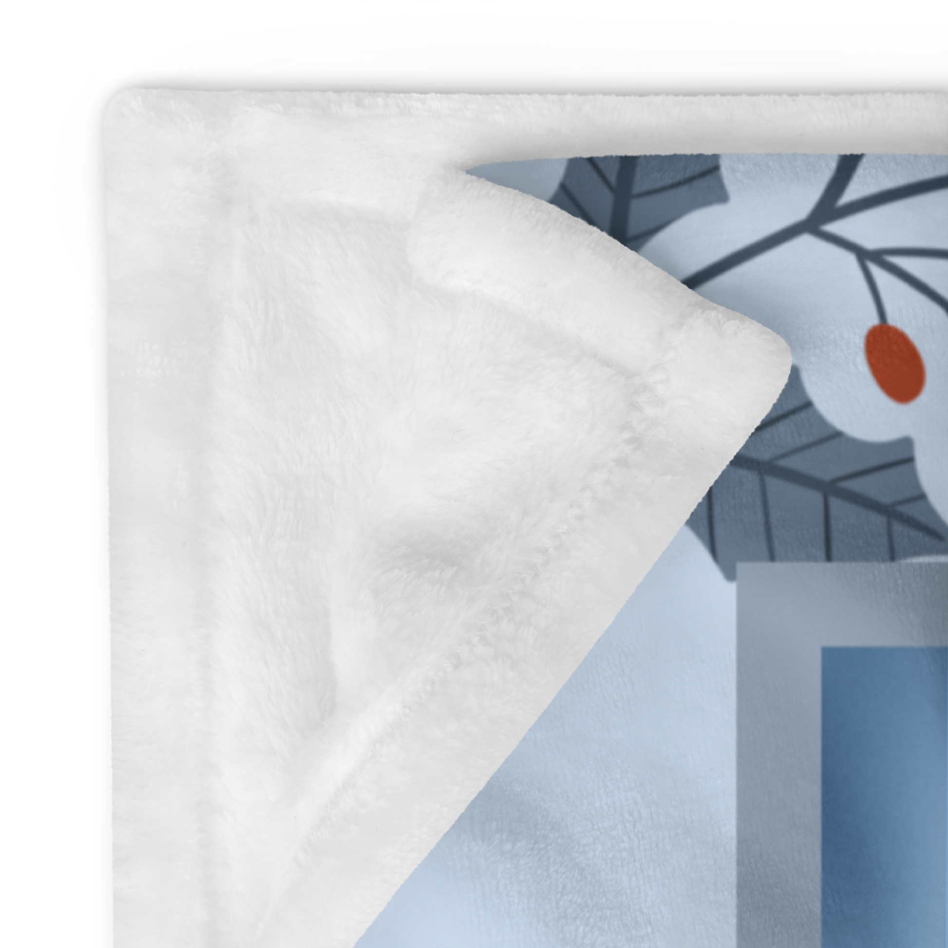 Pomeranian Blue custom winter blanket showing a rare blue Pom in a cheerful lodge-style winter illustration