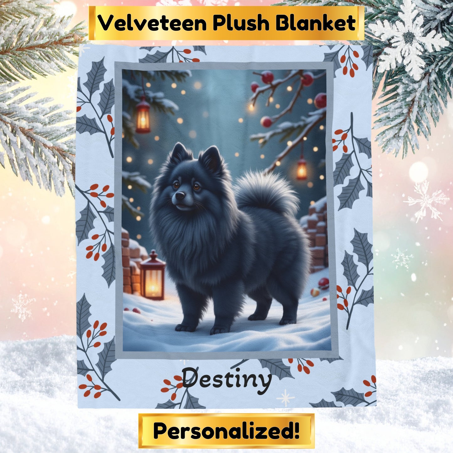 Pomeranian Blue custom winter blanket showing a rare blue Pom in a cheerful lodge-style winter illustration