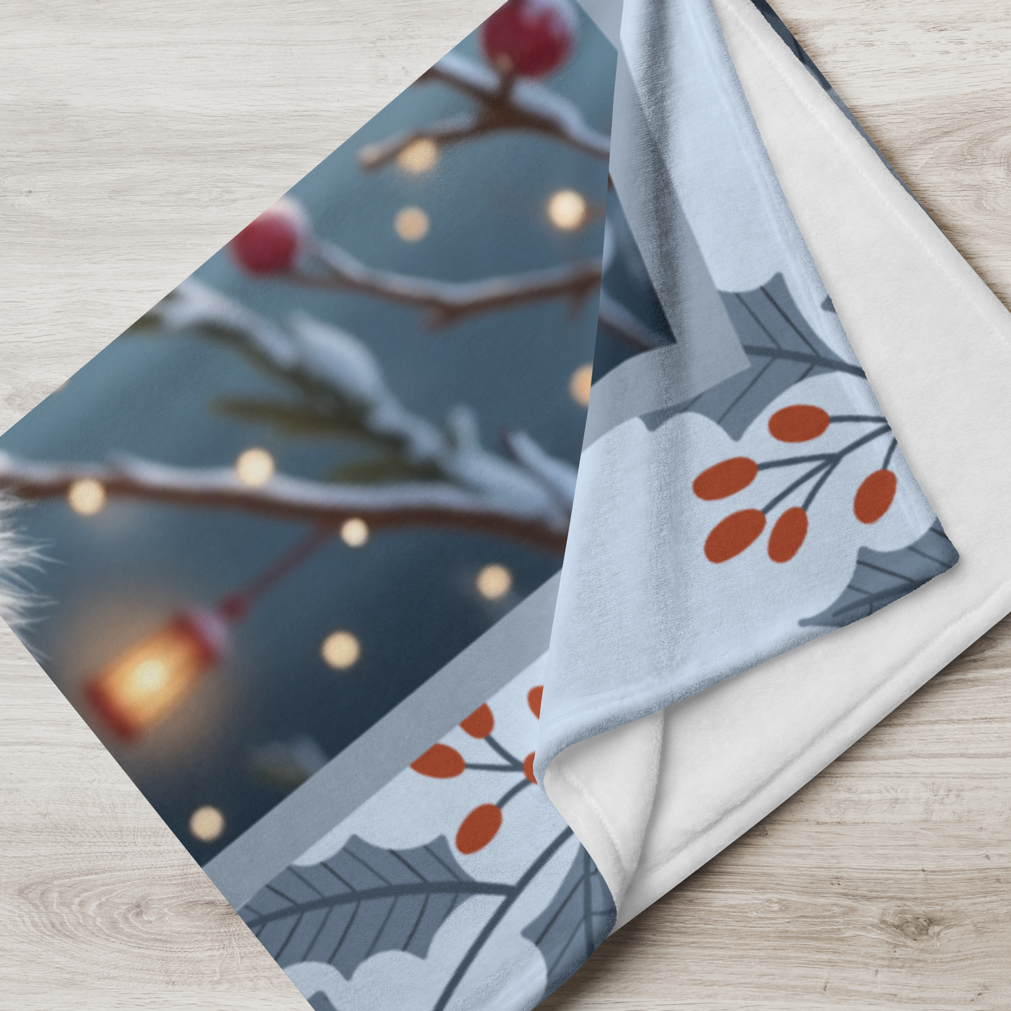 Pomeranian Blue custom winter blanket showing a rare blue Pom in a cheerful lodge-style winter illustration