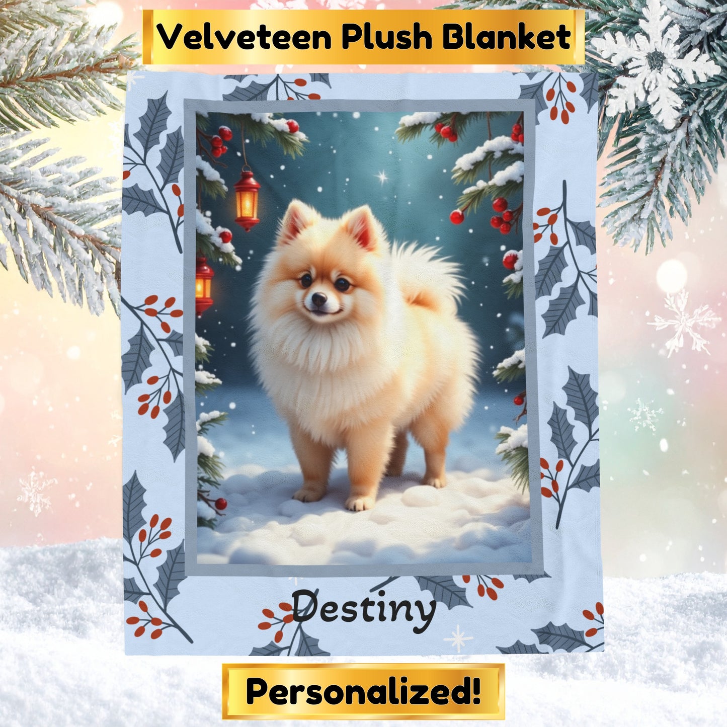 Pomeranian Cream personalized winter throw with soft cream Pom artwork in a cozy illustrated lodge setting