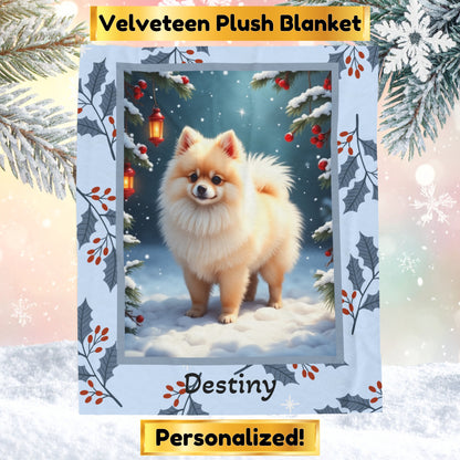 Pomeranian Cream personalized winter throw with soft cream Pom artwork in a cozy illustrated lodge setting