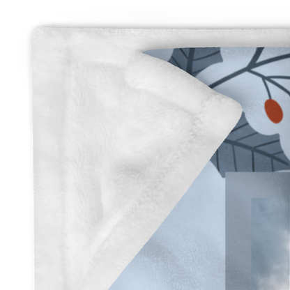 Pomeranian White and Cream personalized winter throw featuring a fluffy Pom in a glowing lodge winter scene