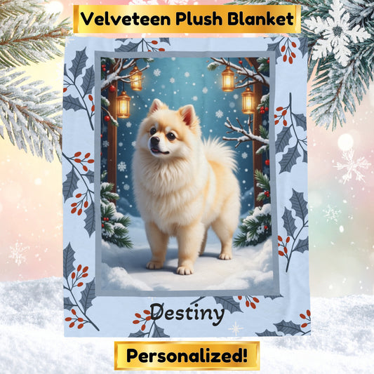 Pomeranian White and Cream personalized winter throw featuring a fluffy Pom in a glowing lodge winter scene