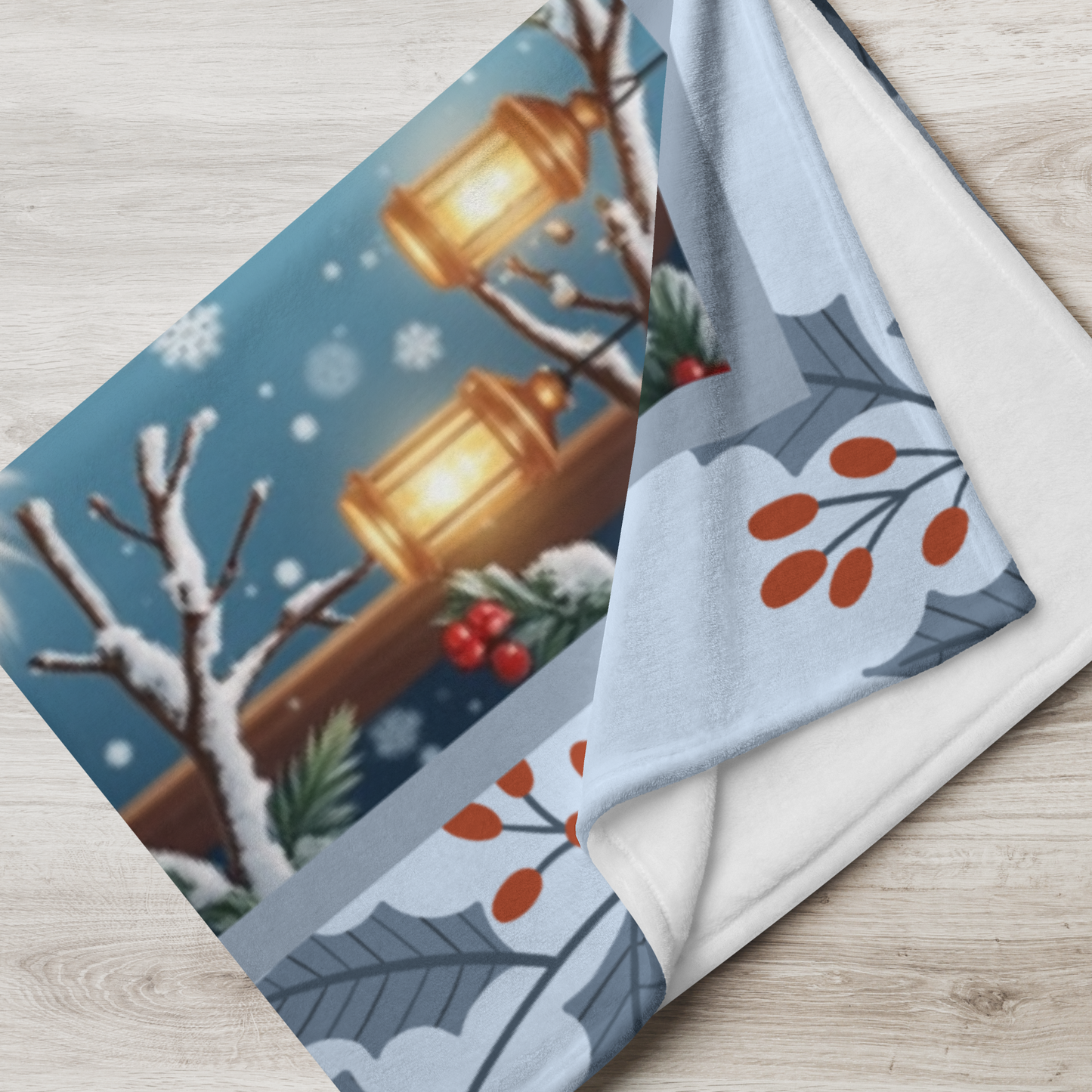 Pomeranian White and Cream personalized winter throw featuring a fluffy Pom in a glowing lodge winter scene