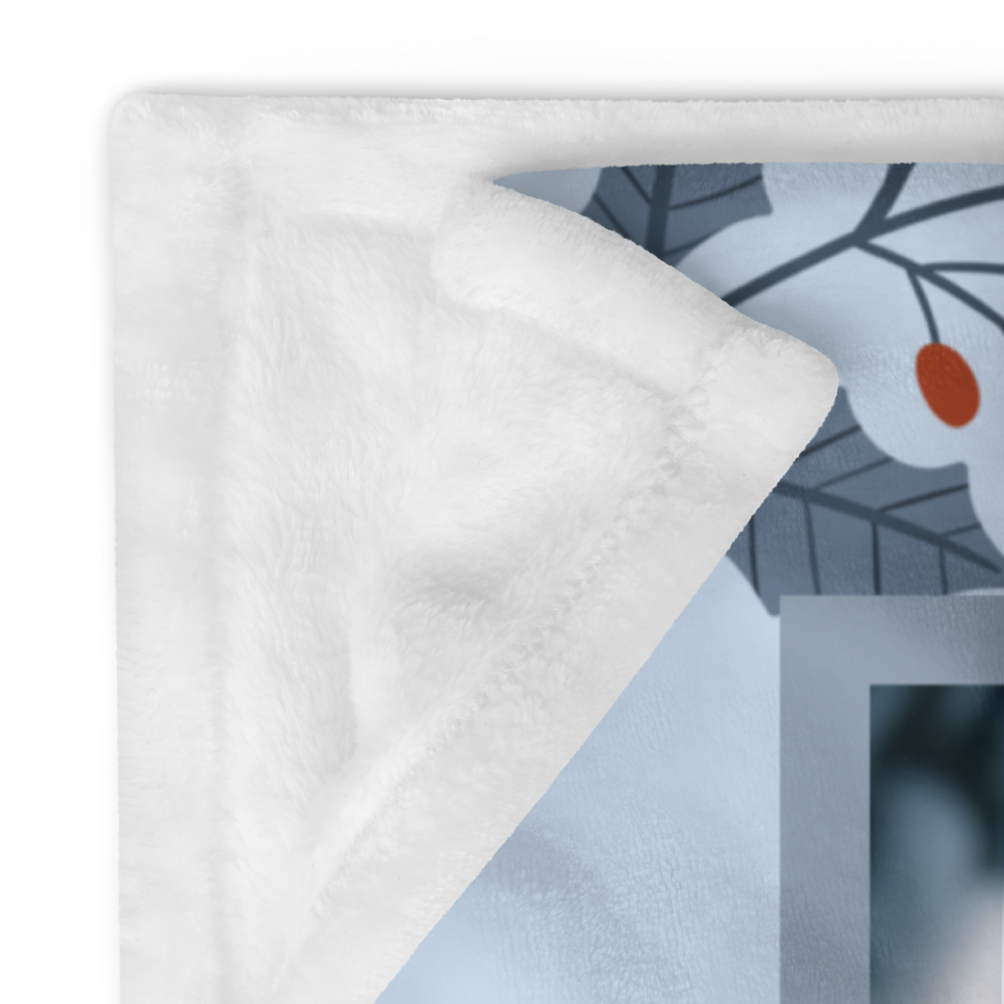 Pomeranian Red custom winter blanket with a vibrant red Pom in a bright illustrated lodge-style setting