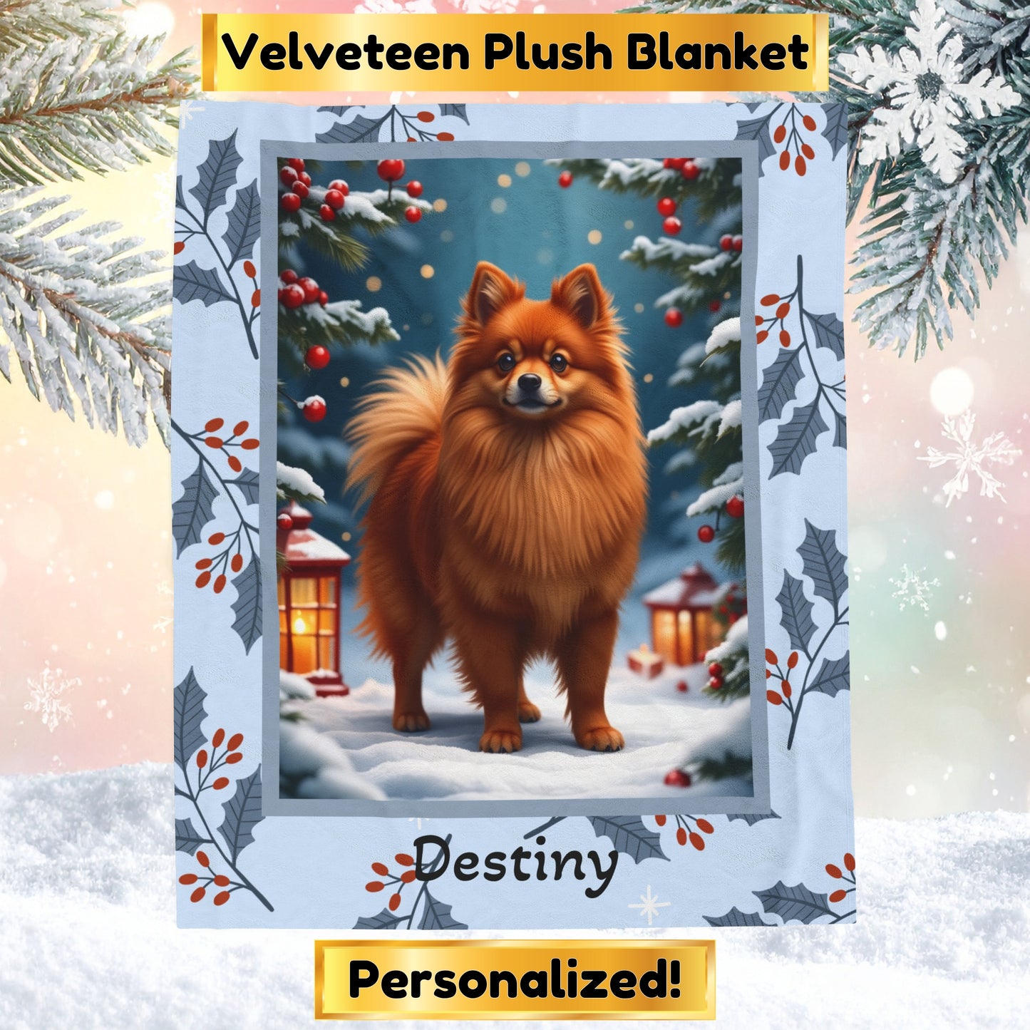 Pomeranian Red custom winter blanket with a vibrant red Pom in a bright illustrated lodge-style setting