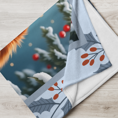 Pomeranian Red custom winter blanket with a vibrant red Pom in a bright illustrated lodge-style setting