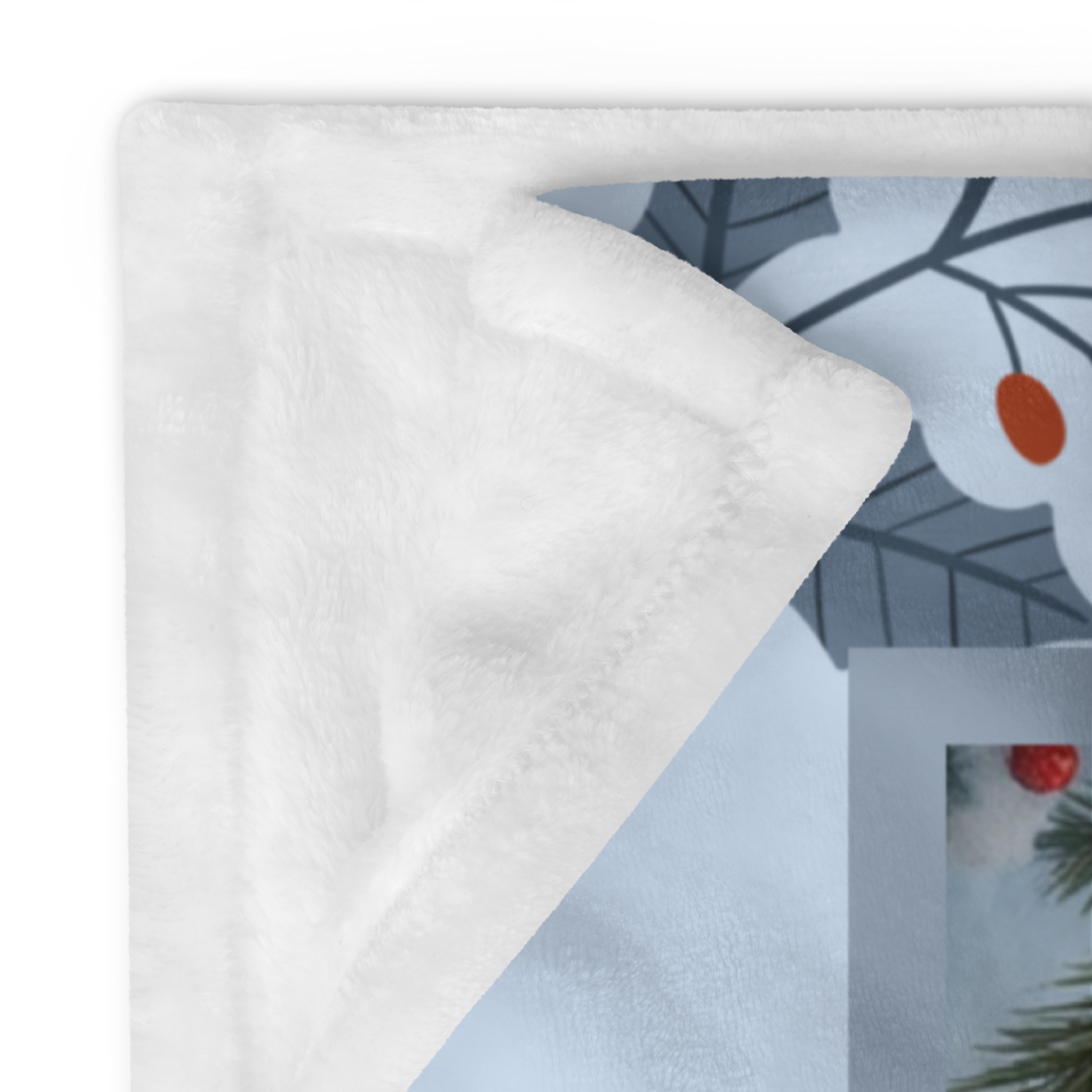 Pomeranian Orange Sable custom winter blanket showing a fluffy Pom in a bright snowy lodge illustration