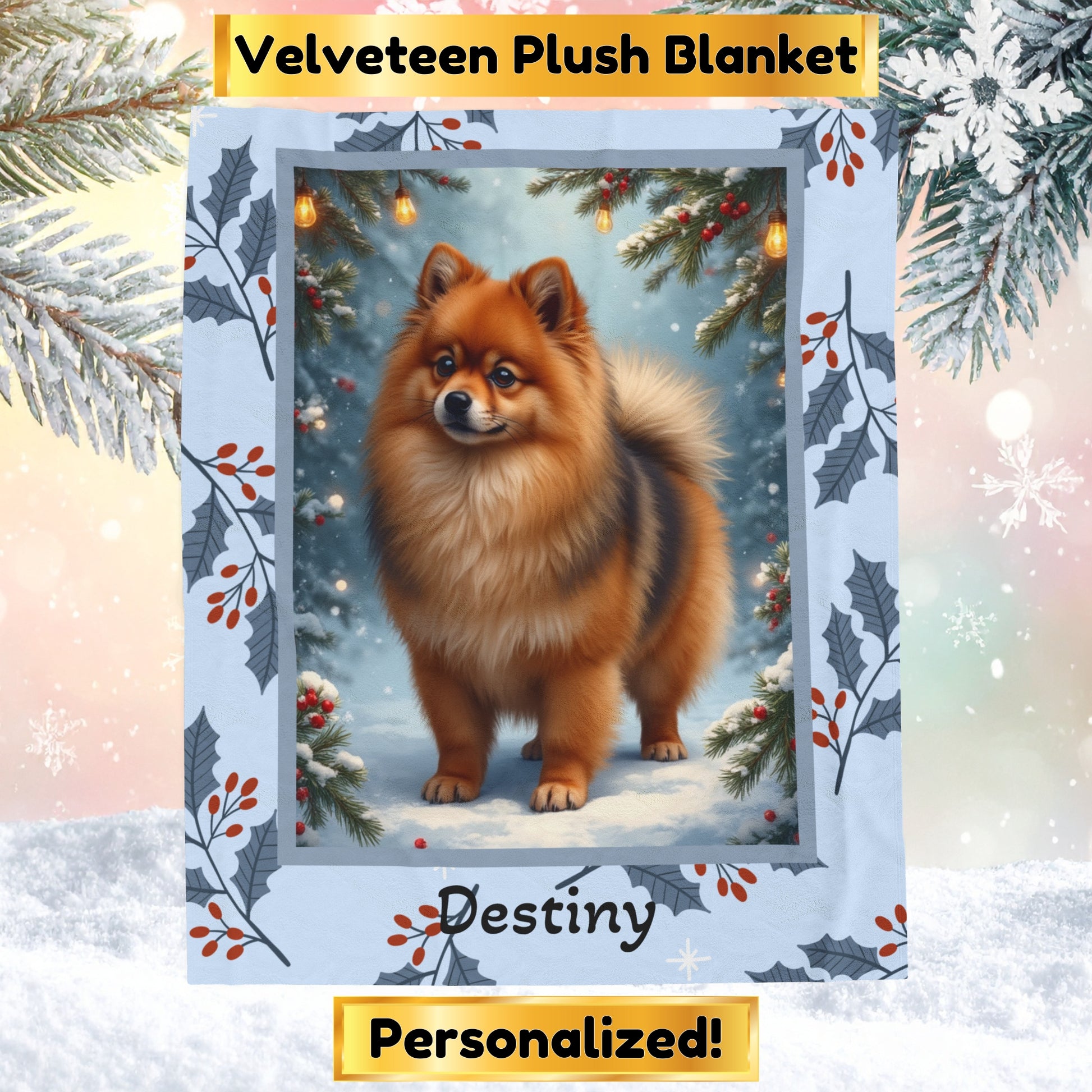 Pomeranian Orange Sable custom winter blanket showing a fluffy Pom in a bright snowy lodge illustration