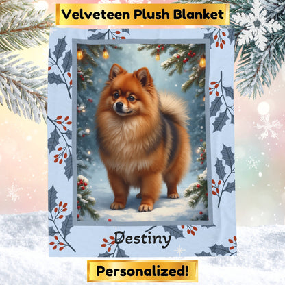Pomeranian Orange Sable custom winter blanket showing a fluffy Pom in a bright snowy lodge illustration