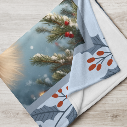 Pomeranian Orange Sable custom winter blanket showing a fluffy Pom in a bright snowy lodge illustration