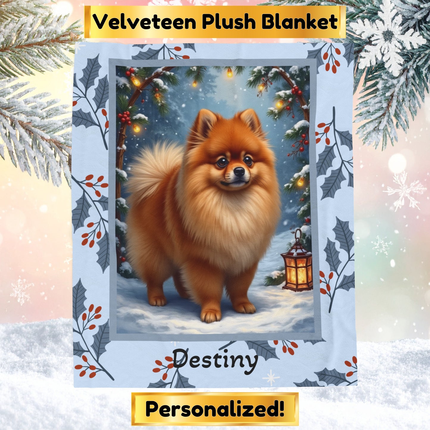 Pomeranian Orange personalized winter throw featuring a cheerful orange Pom in a cozy lodge winter scene