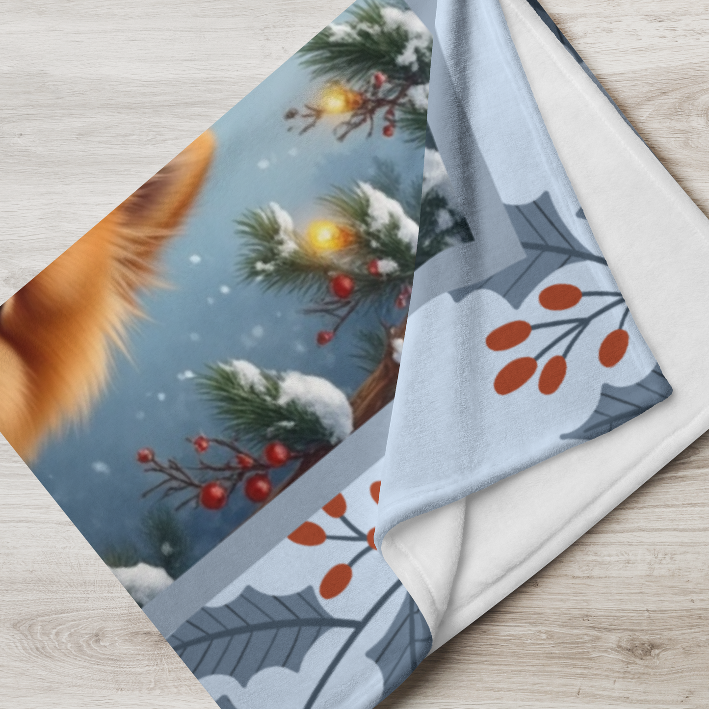 Pomeranian Orange personalized winter throw featuring a cheerful orange Pom in a cozy lodge winter scene