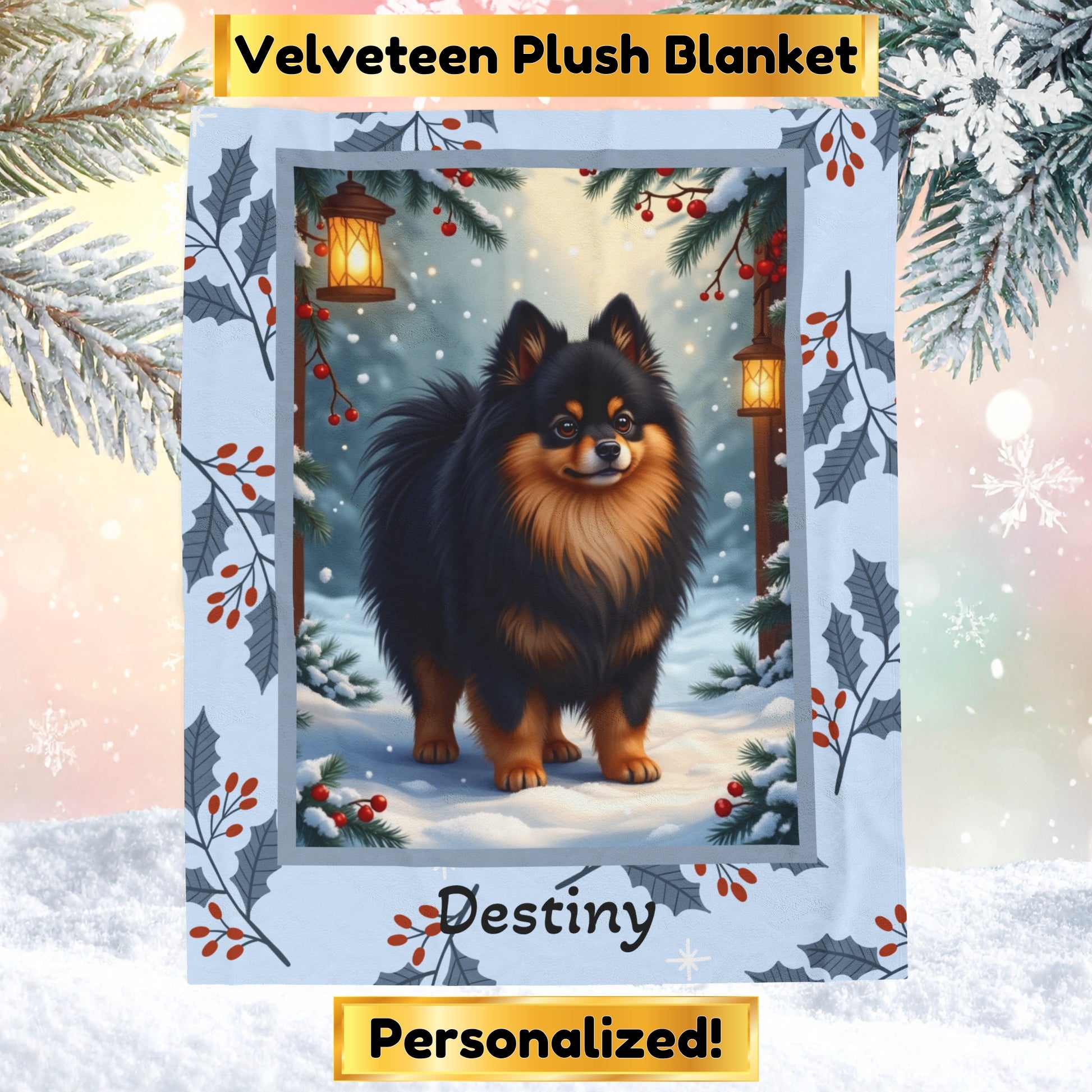 Pomeranian Black and Tan custom winter blanket featuring a fluffy Pom in a cozy illustrated lodge setting
