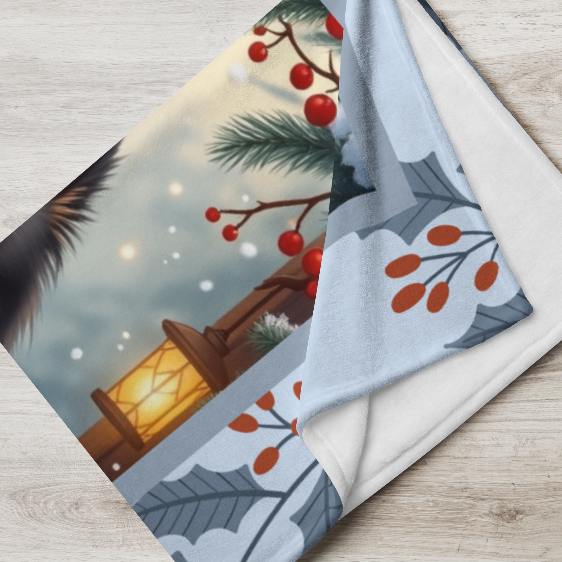 Pomeranian Black and Tan custom winter blanket featuring a fluffy Pom in a cozy illustrated lodge setting
