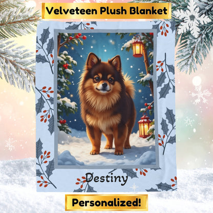 Pomeranian Chocolate and Tan personalized winter throw with fluffy Pom art in a glowing snowy lodge background