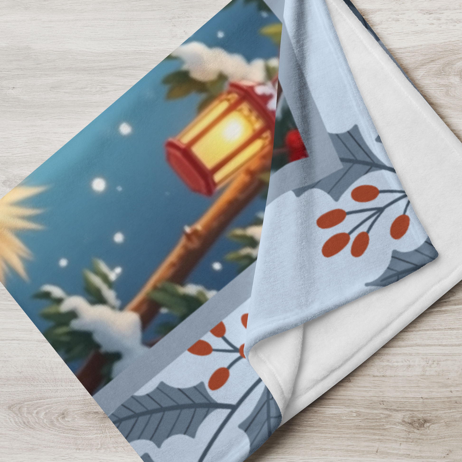 Pomeranian Chocolate and Tan personalized winter throw with fluffy Pom art in a glowing snowy lodge background