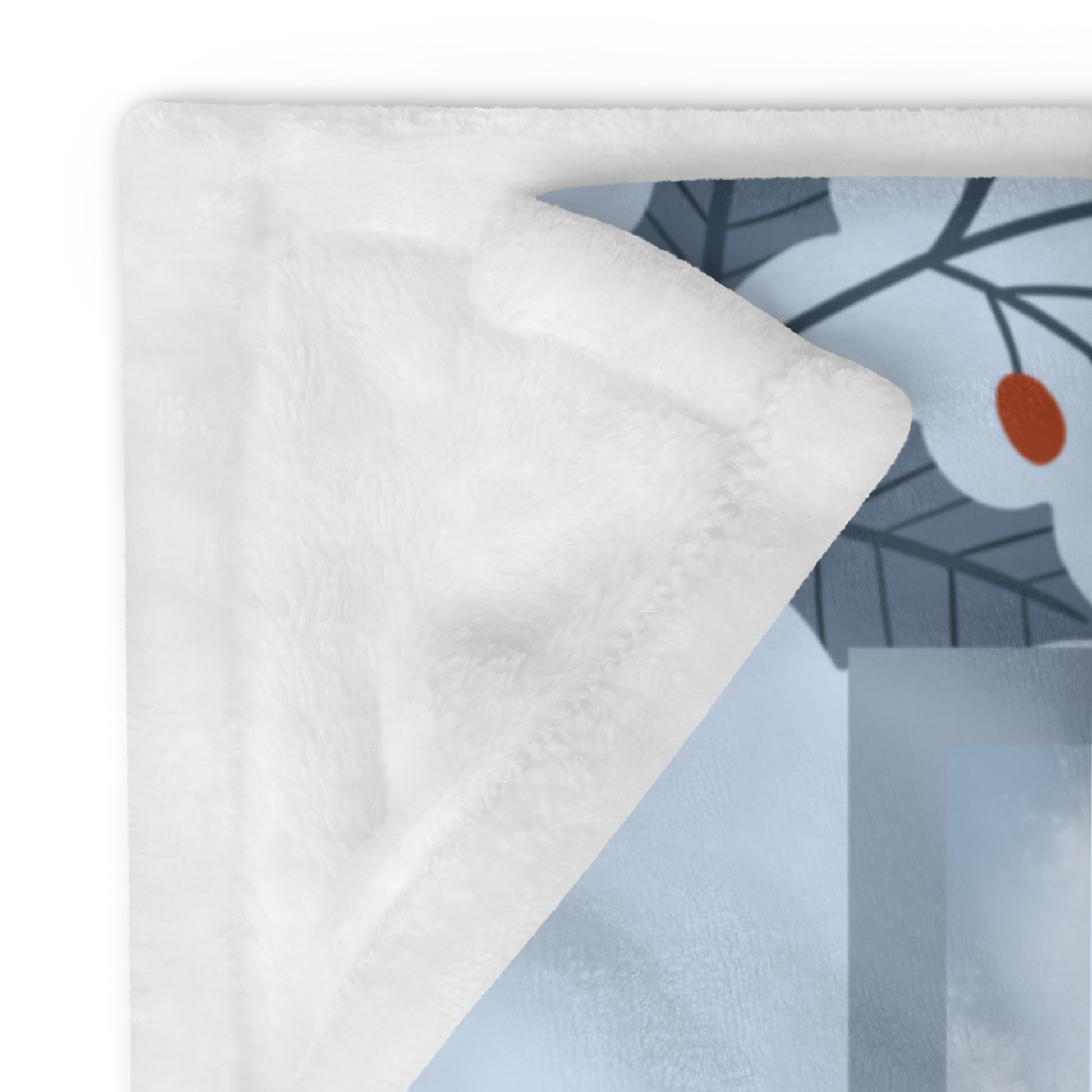 Pomeranian White custom winter blanket showing a snowy white Pom in a crisp illustrated lodge background