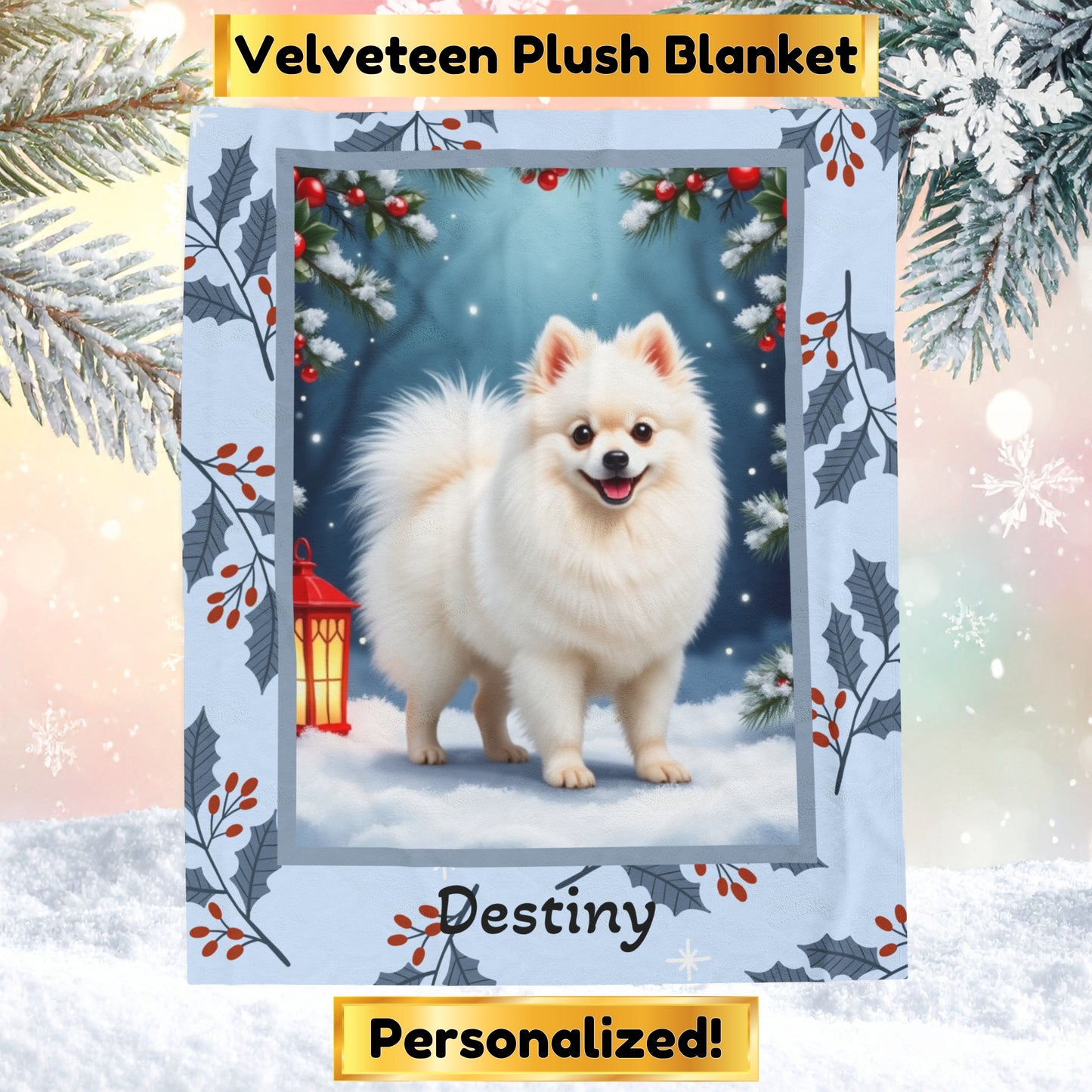 Pomeranian White custom winter blanket showing a snowy white Pom in a crisp illustrated lodge background