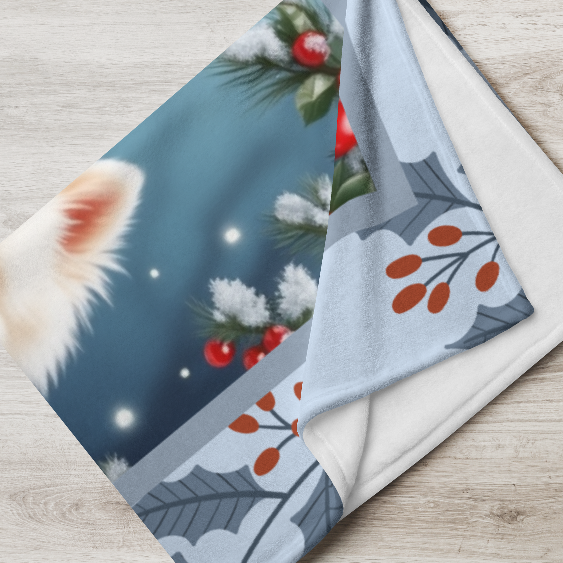 Pomeranian White custom winter blanket showing a snowy white Pom in a crisp illustrated lodge background