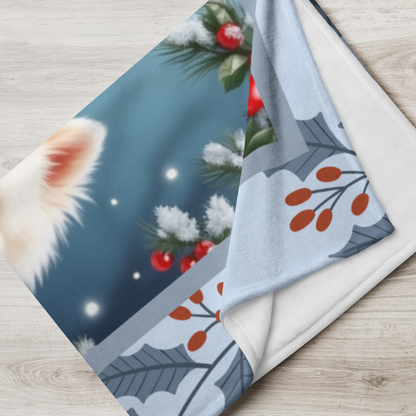 Pomeranian White custom winter blanket showing a snowy white Pom in a crisp illustrated lodge background