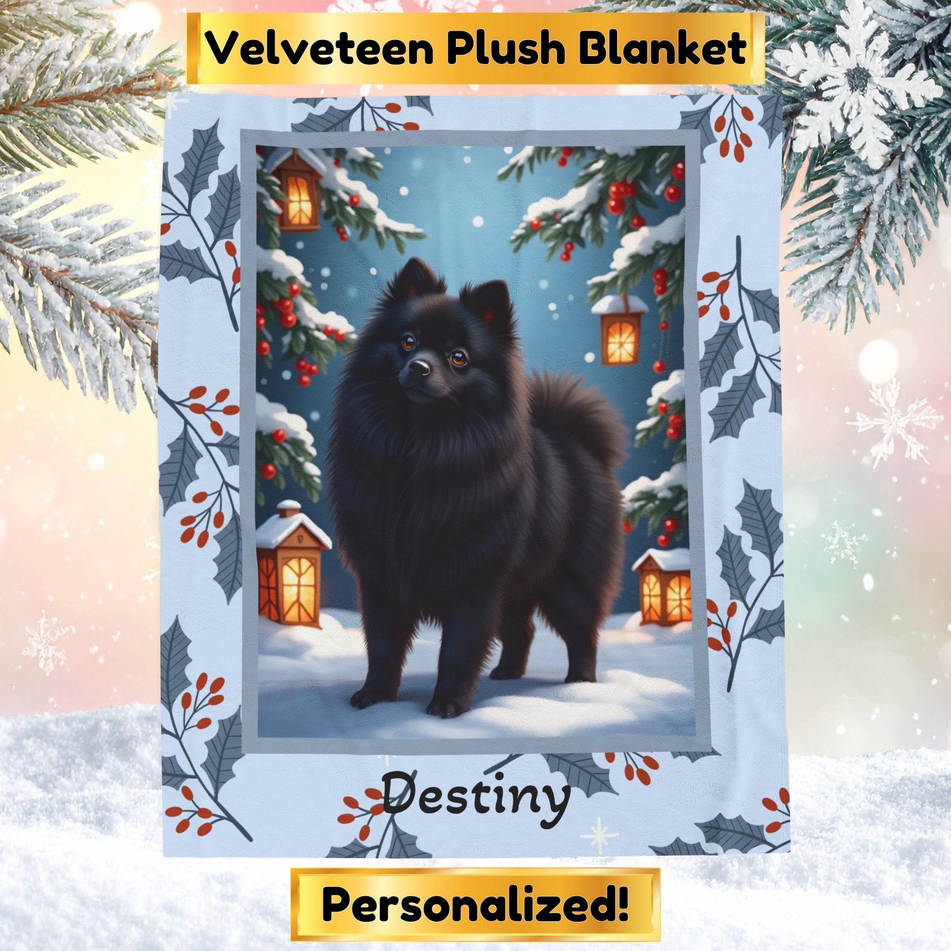 Pomeranian Black personalized winter throw with fluffy black Pom artwork in a bright snowy lodge scene