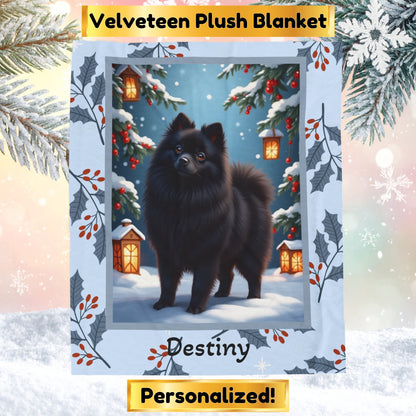 Pomeranian Black personalized winter throw with fluffy black Pom artwork in a bright snowy lodge scene