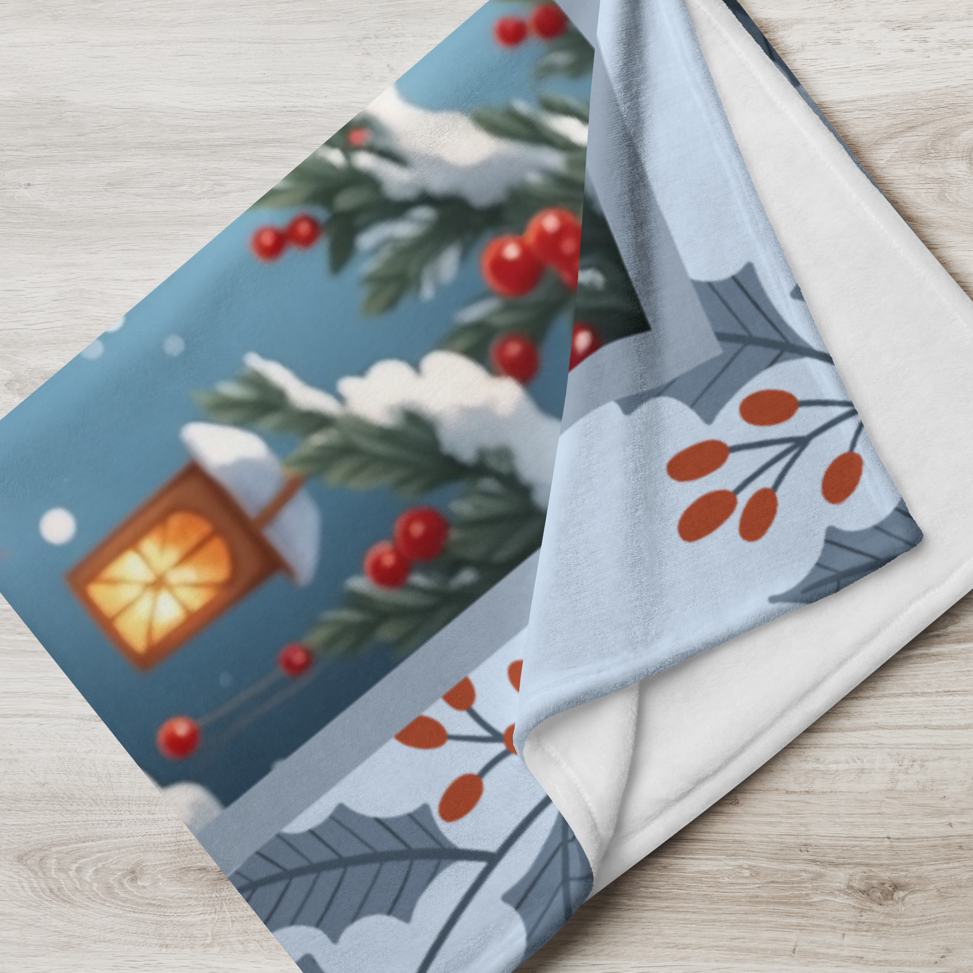 Pomeranian Black personalized winter throw with fluffy black Pom artwork in a bright snowy lodge scene