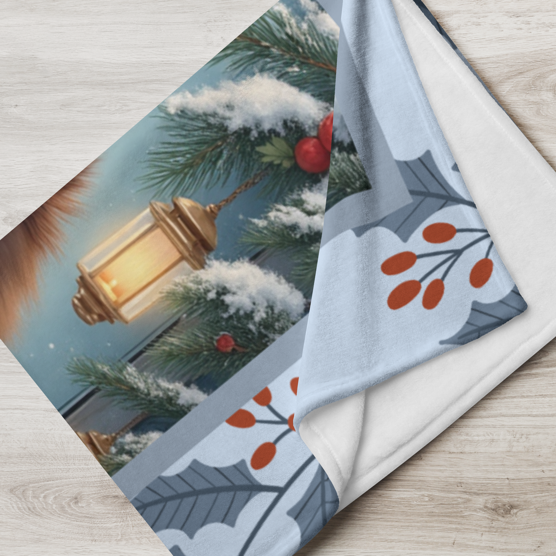 Pomeranian Chocolate custom winter blanket featuring a rich brown Pom in a bright winter lodge scene