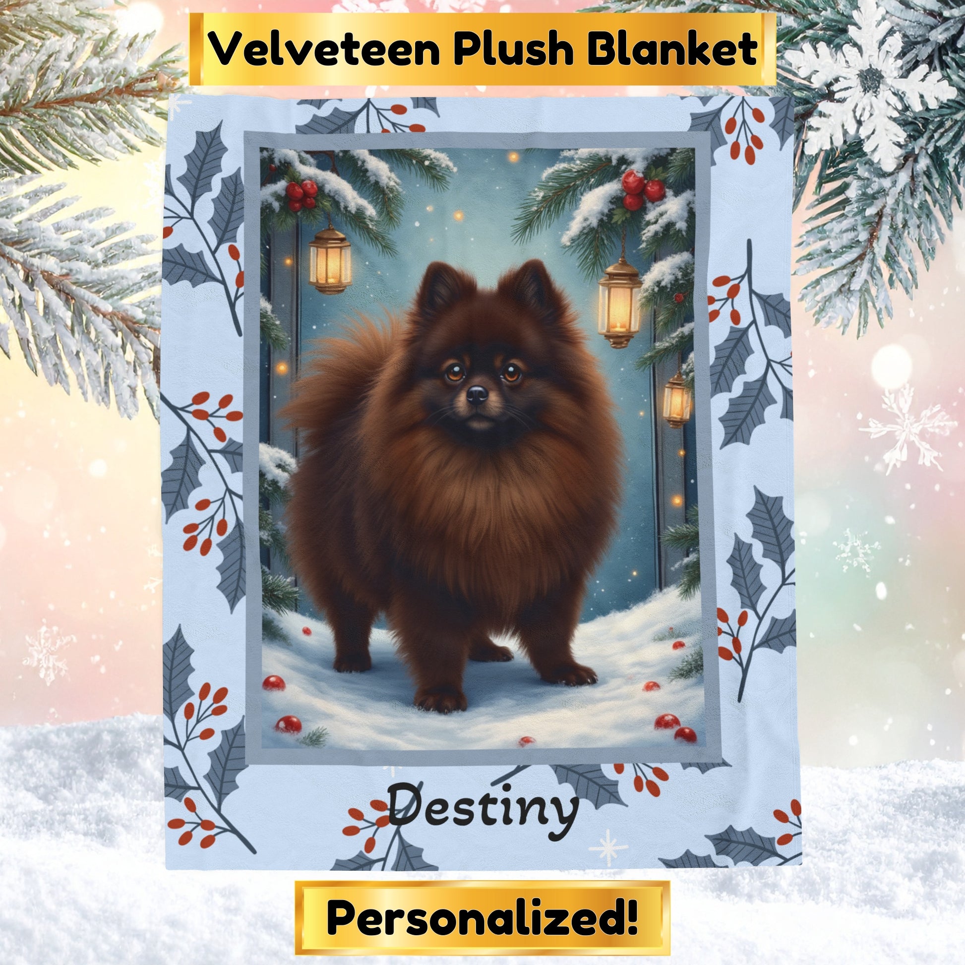 Pomeranian Chocolate custom winter blanket featuring a rich brown Pom in a bright winter lodge scene
